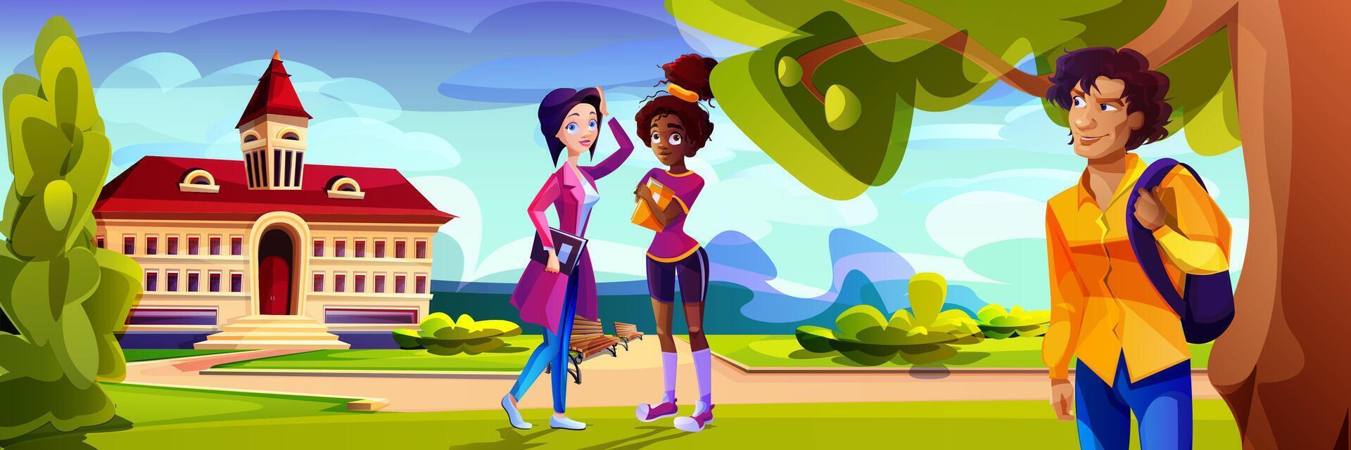 Vector cartoon students in front of college campus building at green yard. Landscape with education house of university and multiracial teenagers. Young characters near high school or public library