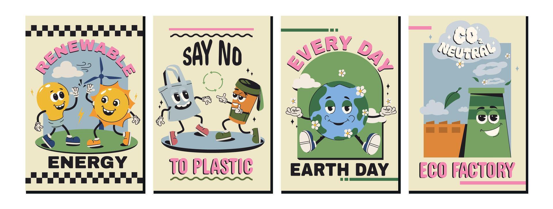 Flat set posters of save the planet, no plastic and renewable energy in trendy groovy style. Design templates with funny characters, eco bag and cup. Earth day, co2 neutral, world environment cards vector