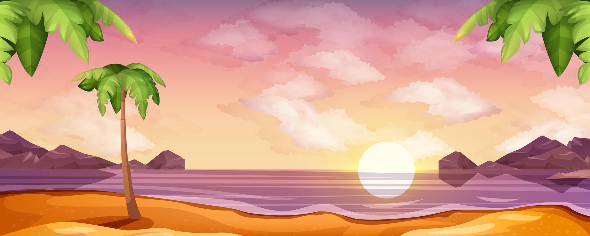 Vector cartoon sea with sunset or sunrise on beach. Landscape of ocean with sand coastline, palm trees and mountains on horizon. Nature landscape background with clouds in sky and rising sun