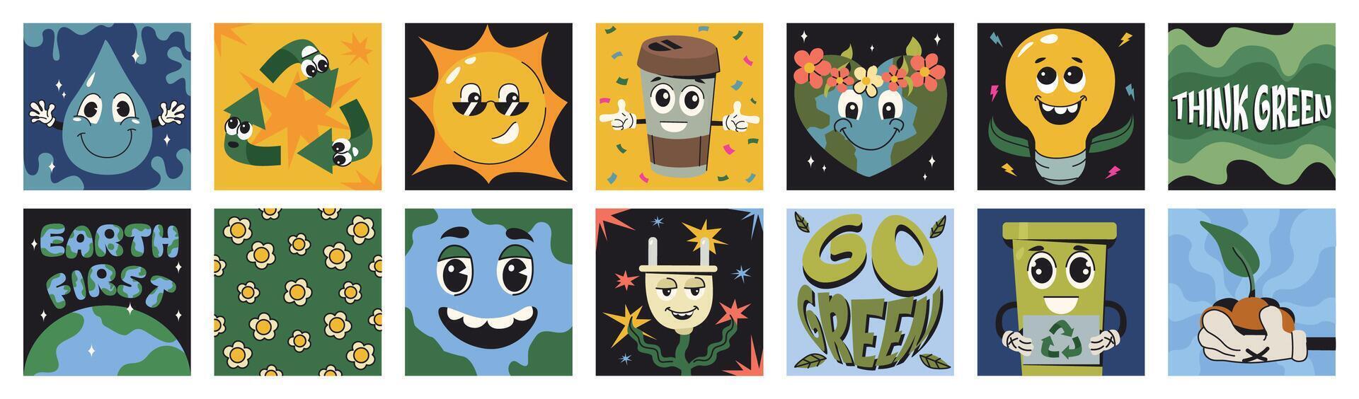Square posters with funny cute characters of save the planet in trendy groovy style. Eco friendly stickers collection. World environment, ecology care, go green energy, zero waste or recycling concept vector