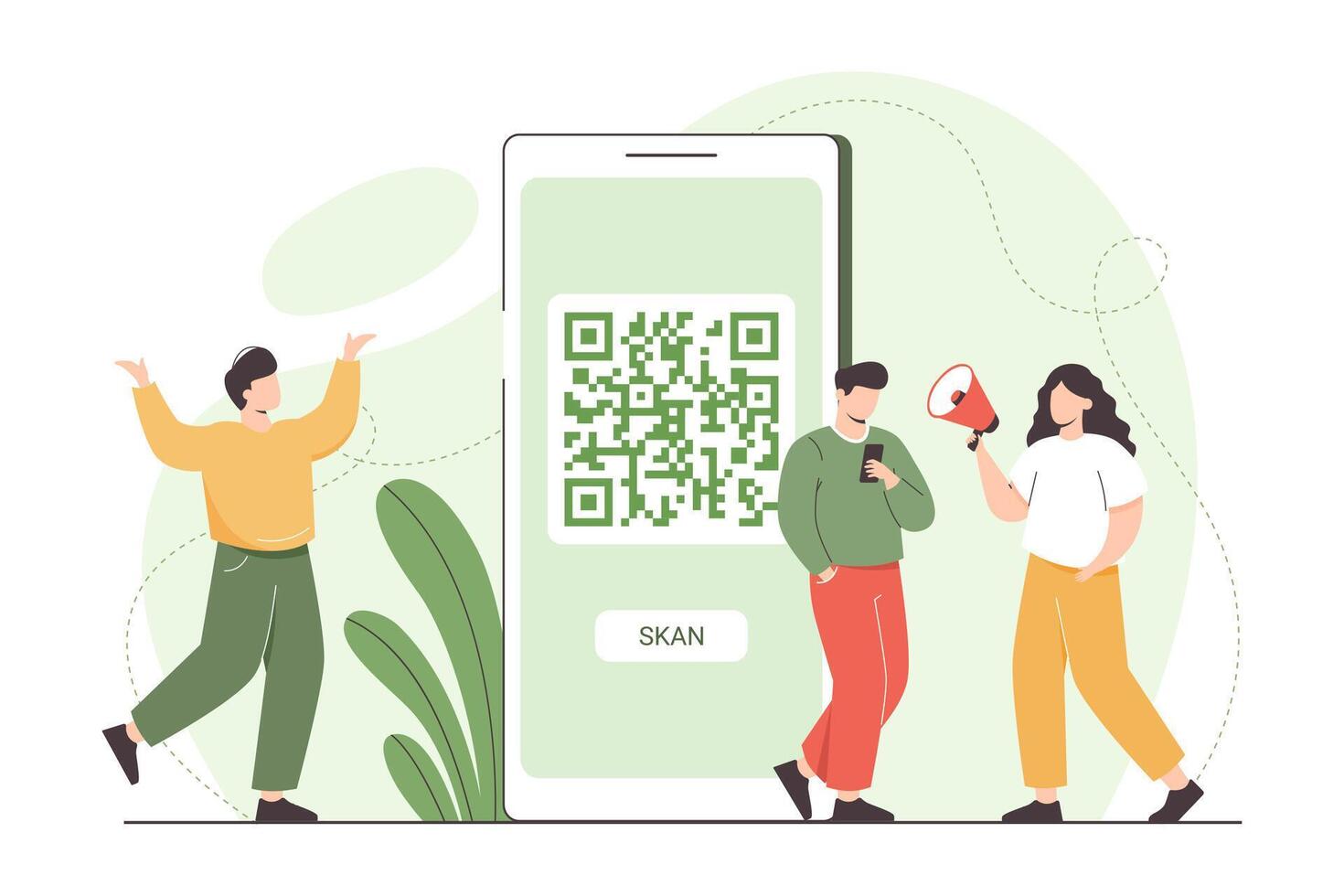 Flat man with mobile phone scanning qr code for online payment and internet shopping. Characters standing near big smartphone with qr symbol on device screen and using scanner id app for pay vector