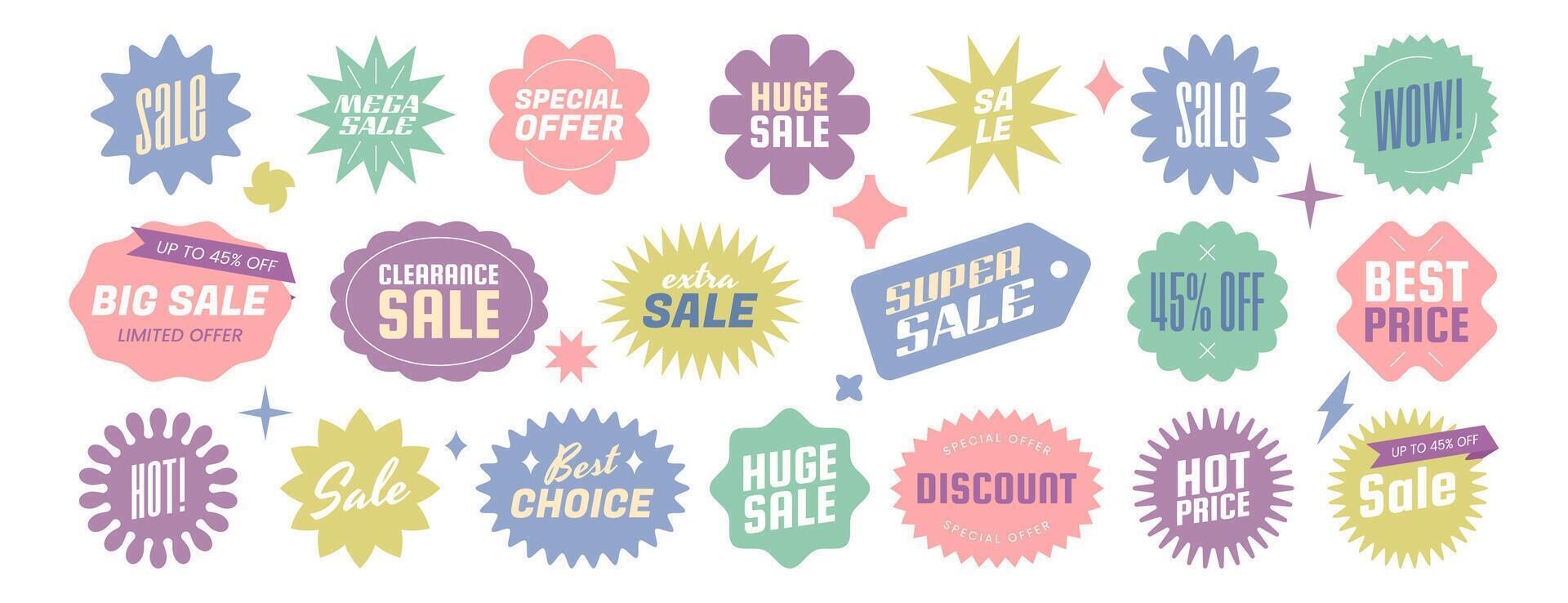Pastel colored sunburst badges, price stickers callout different shapes. Starburst sale labels, promo tags, discount or special offer design elements. Vector set of emblem or stamp for retail sales
