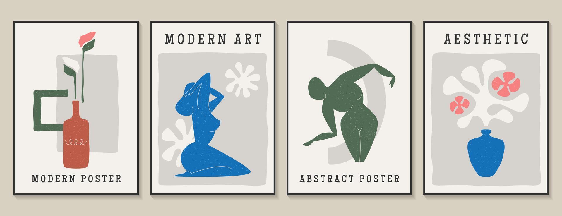 Contemporary matisse posters. Set of modern abstract wall art, aesthetic artworks with women silhouette figures, botanical plants and flowers in vase in minimalist style. Collection for decoration vector