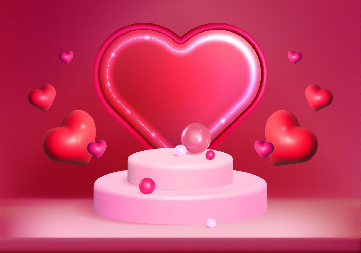 Realistic pink 3d cylinder pedestal podium and heart shape neon frame arch. Valentine day background with round platform, stage showcase for product display. Studio room with minimal scene and hearts vector