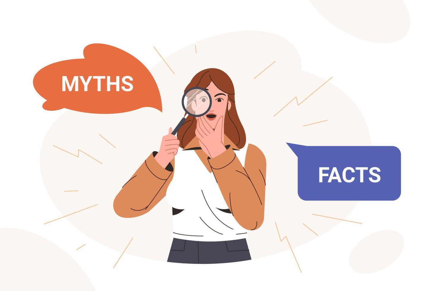 Myths and facts flat vector illustration. Amazed woman looking through magnifying glass and thinking or comparing between truth and false. Fake news versus true and honest. Concept of fact checking