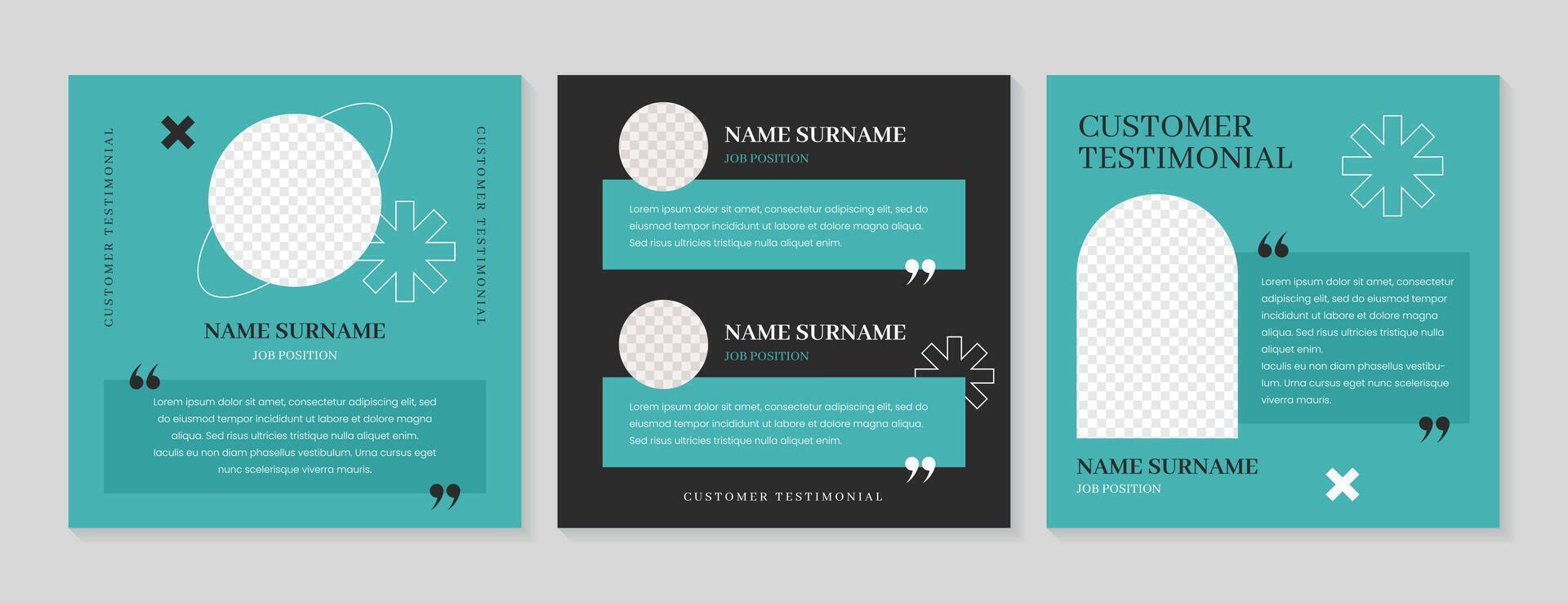 Customer feedback template for social media post. Vector set of square banner or poster template design for client testimonials. Review or rating of products or business services with quote layout