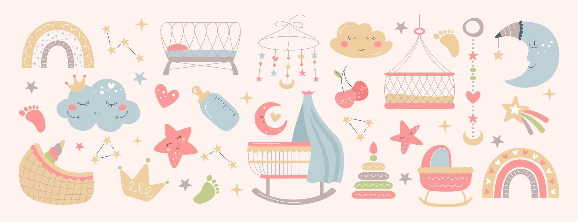 Boho baby objects in Scandinavian style. Nursery room decor with cute moon, clouds, stars, rainbow and cradle. Kids clipart set for newborn. Bohemian simple bohemian elements for bedroom interior vector