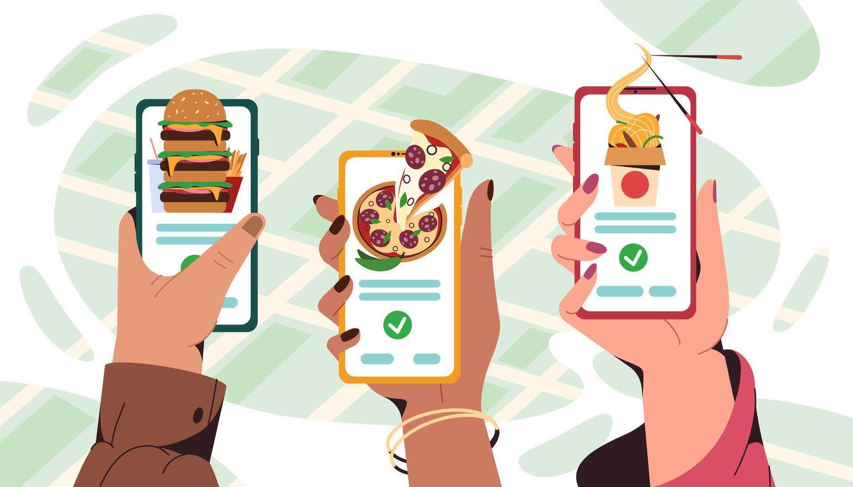 Flat human hands hold smartphone with mobile app for ordering fast food at home or take away. Online service for order asian and italian meals. Pizza, burger and wok box with noodles delivery vector