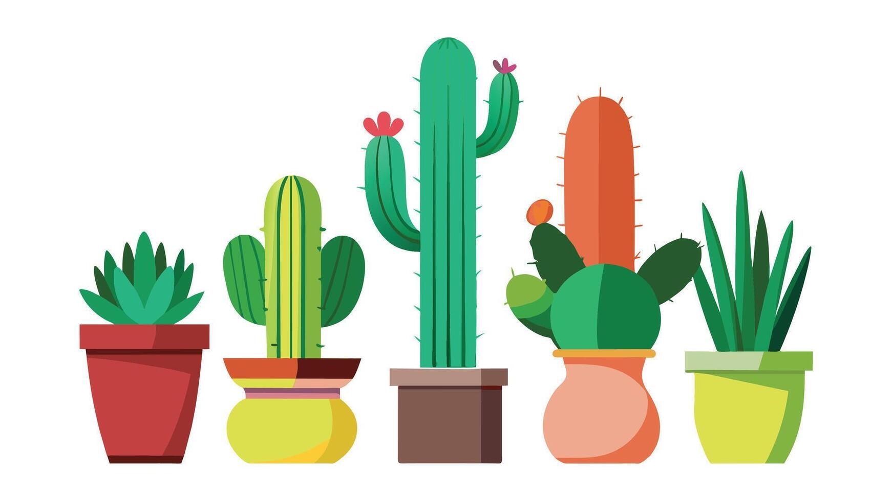 diferente tipos de cactus en maceta aislado plano ilustración en blanco antecedentes vector