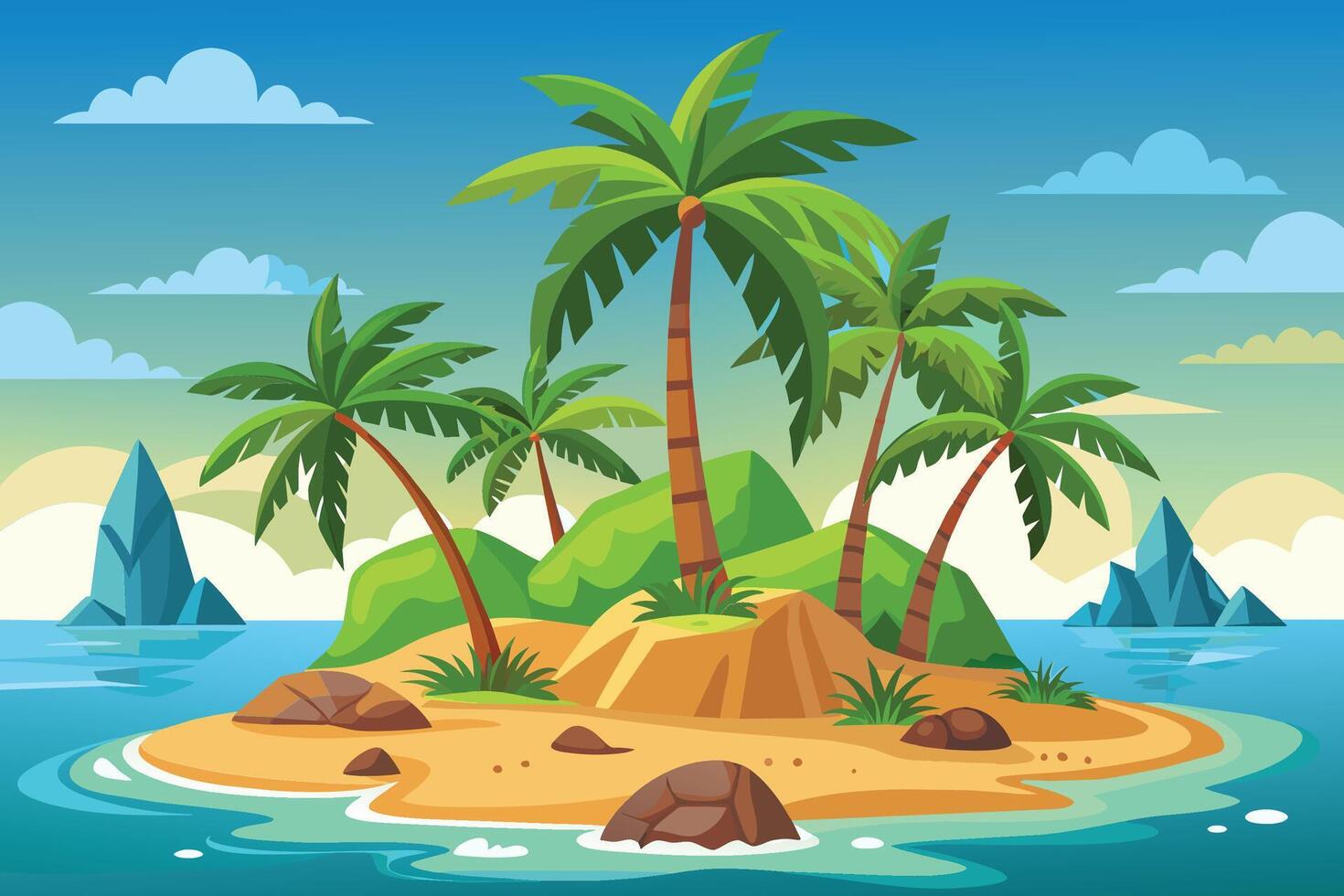 Tropical island with palm trees and blue water isolated flat vector illustration