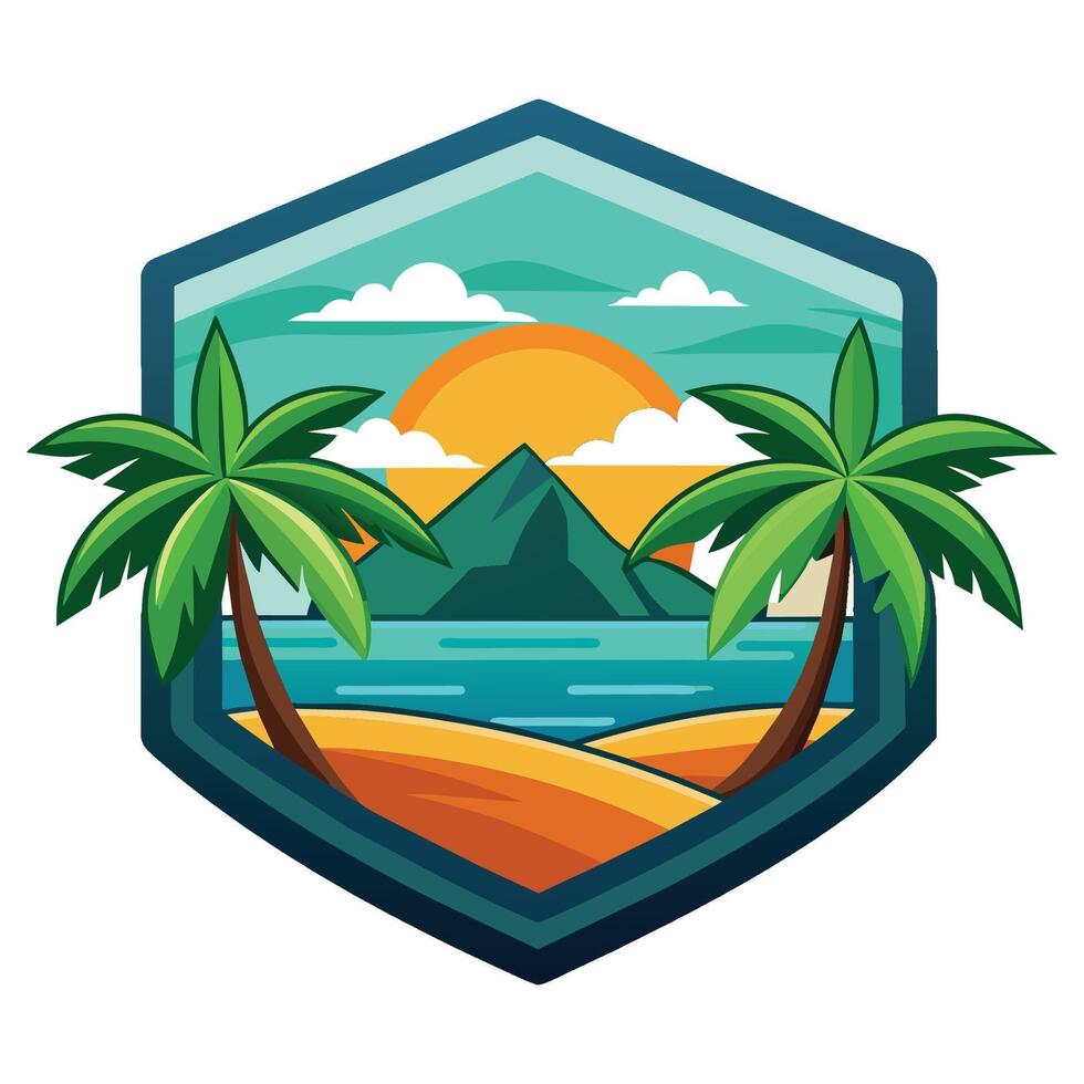 Tropical island with palm trees badge isolated flat vector illustration