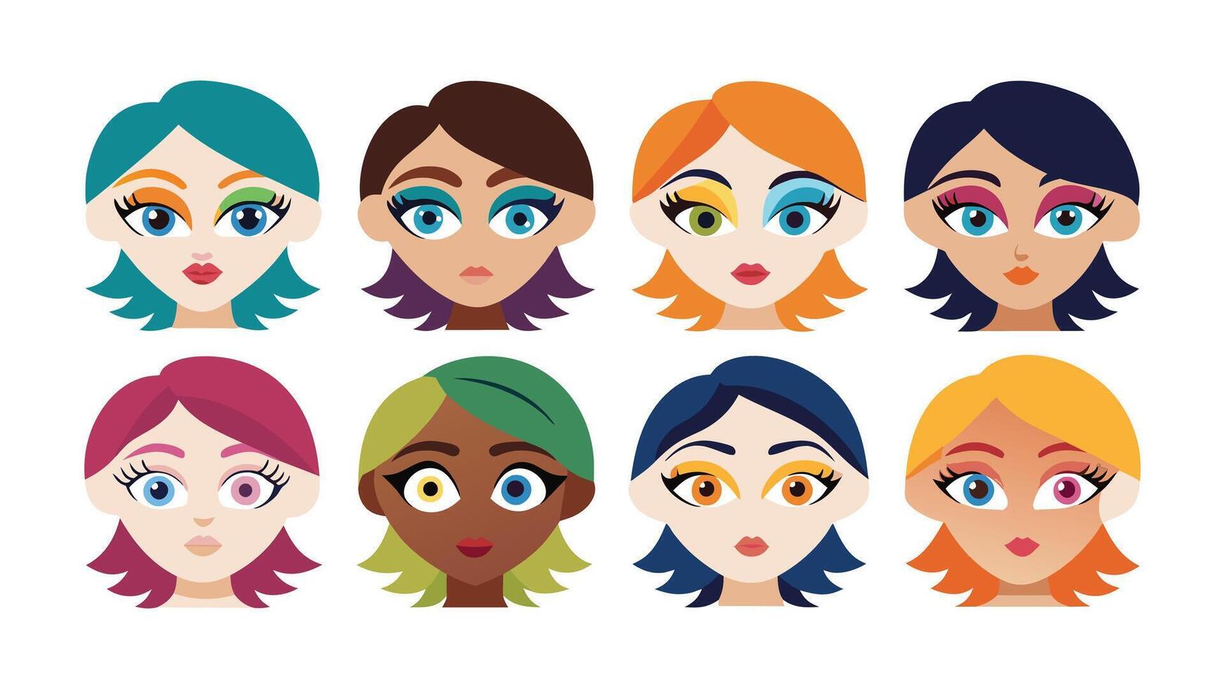 Female different style of head collection set isolated flat pro vector on white background.