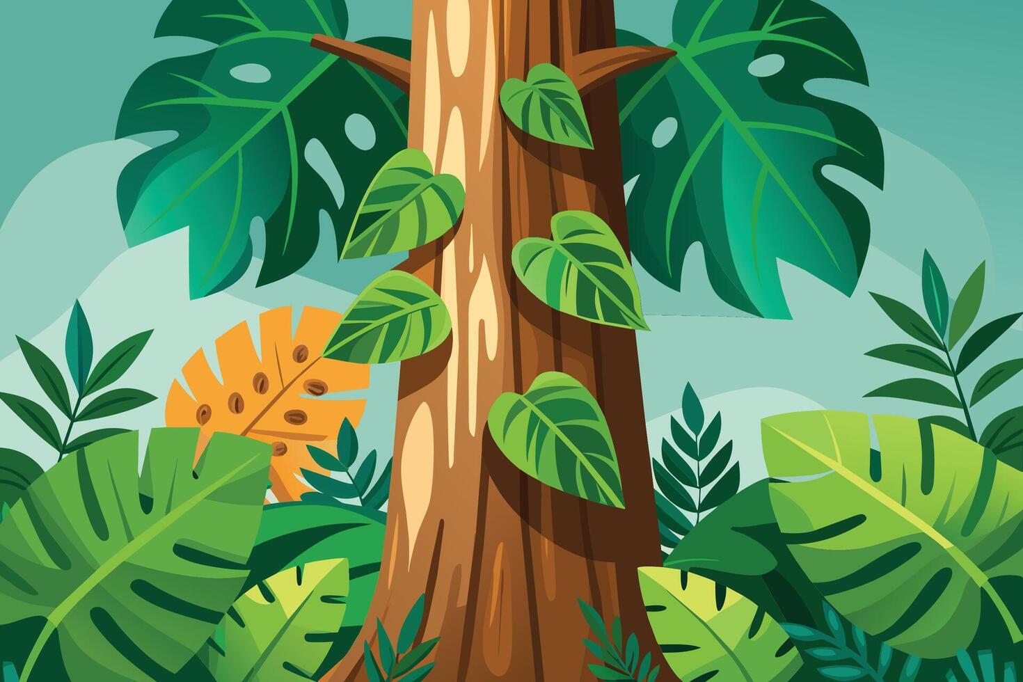 tree trunk with monstera flower leaves isolated flat vector illustration