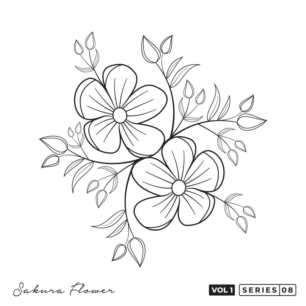 a flower coloring page with a black outline. Sakura Flowers Line Art Vector Design