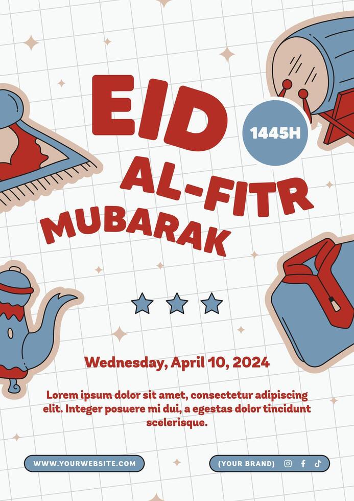 eid mubarak poster flyer banner with arabic object and calligraphy eid al-fitr vector