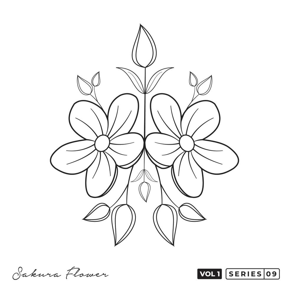 a flower coloring page with a black outline. Sakura Flowers Line Art Vector Design