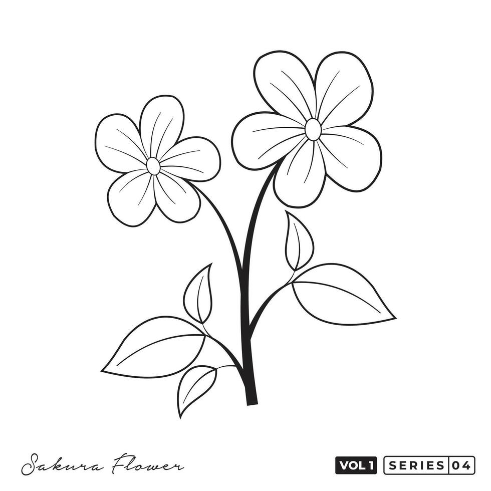 a drawing of a flower with leaves. Sakura Flowers Line Art Vector Design