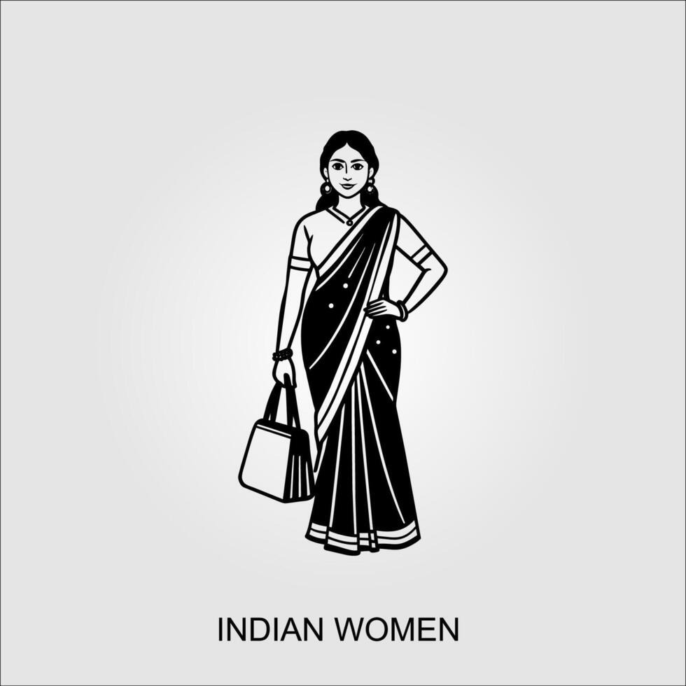 Indian women saree clipart Indian woman wearing bridal outfit-Black and white vector illustration