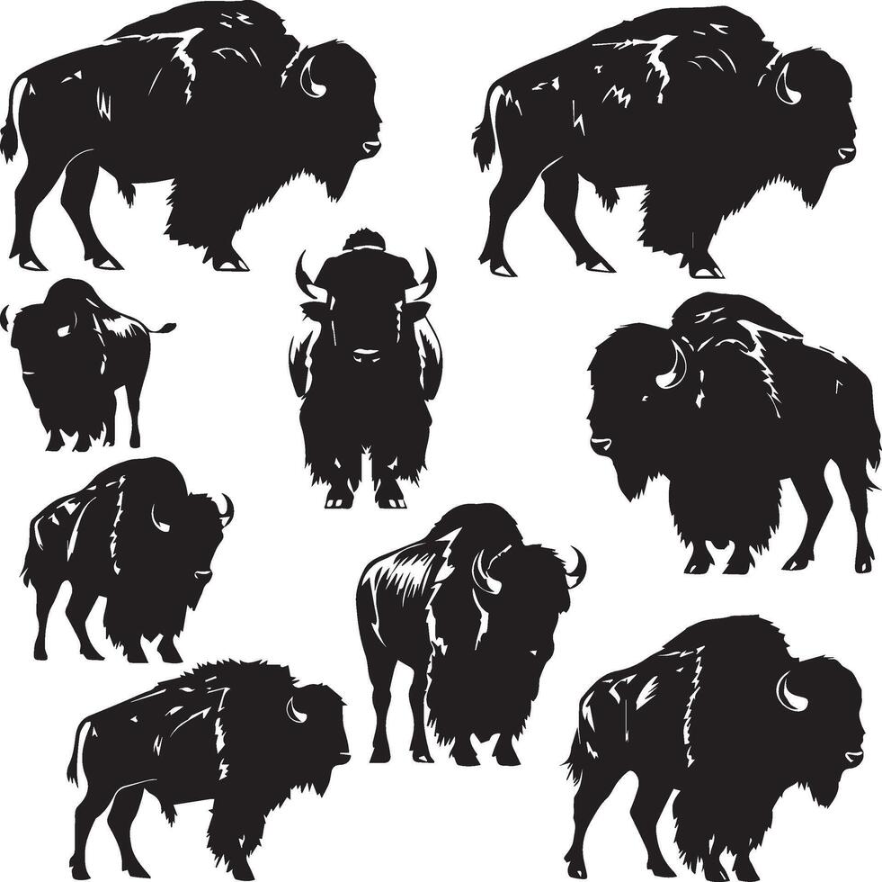 Set of Bison silhouette vector on white background