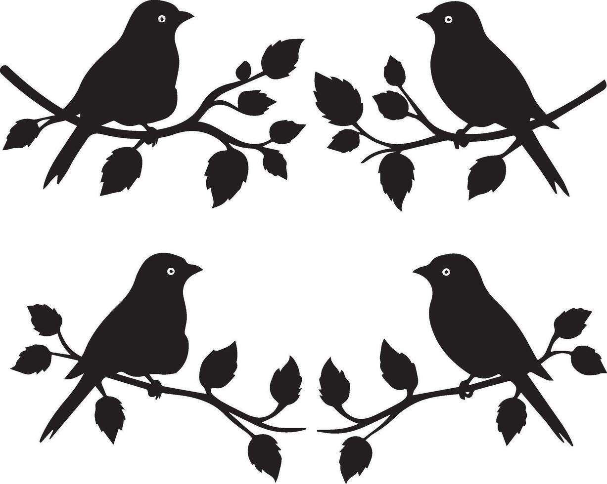 Set of Bird on a Tree branch black silhouette vector