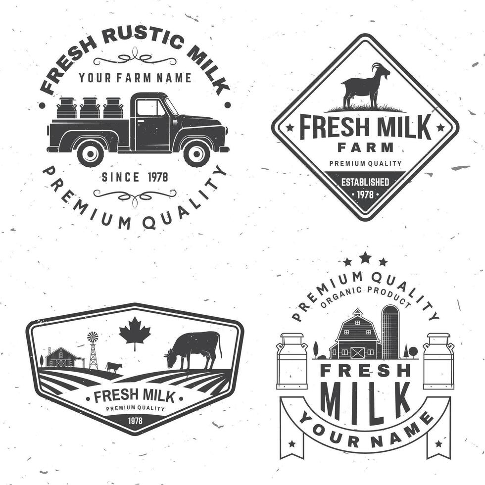 Fresco rústico Leche insignia, logo. vector. tipografía diseño con vaca, Leche granja, camión silueta. modelo para lechería y Leche granja negocio - comercio, mercado, embalaje y menú vector