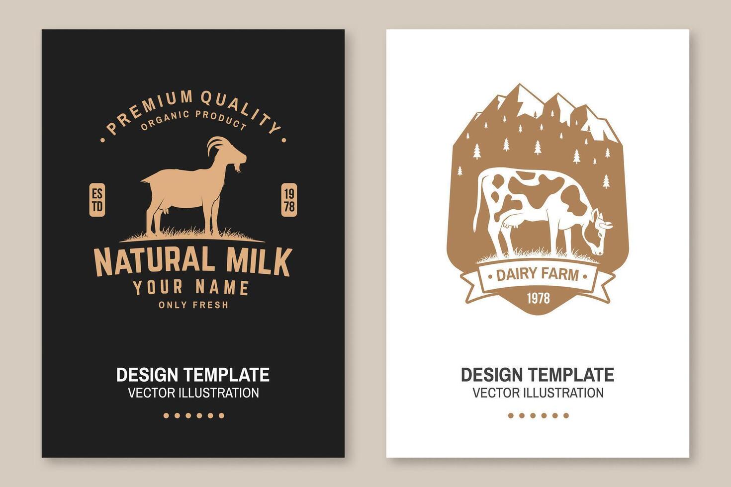 Dairy farm. Only fresh milk. Vector. Flyer, brochure, banner, poster design with cow, goat and mountain silhouette. Template for dairy and milk farm business - shop, market, packaging and menu vector