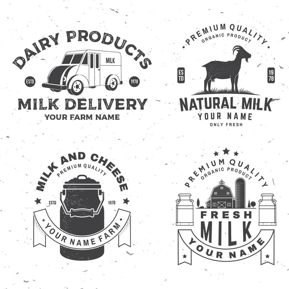 Fresh rustic milk badge, logo. Vector. Typography design with cow, milk farm, truck silhouette. Template for dairy and milk farm business - shop, market, packaging and menu vector