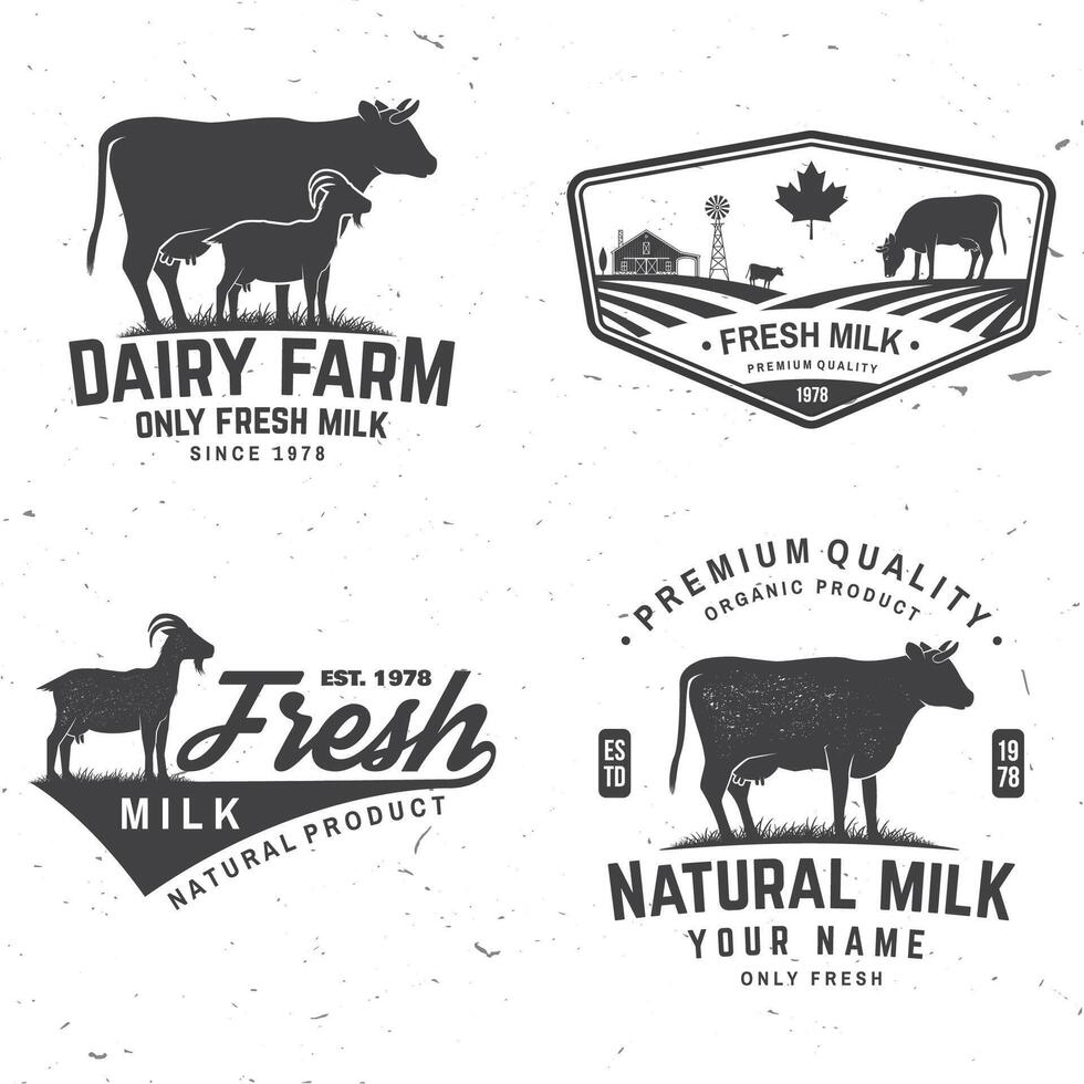 lechería granja. solamente Fresco Leche insignia, logo. vector. tipografía diseño con vaca , cabra silueta. modelo para lechería y Leche granja negocio - comercio, mercado, embalaje y menú vector