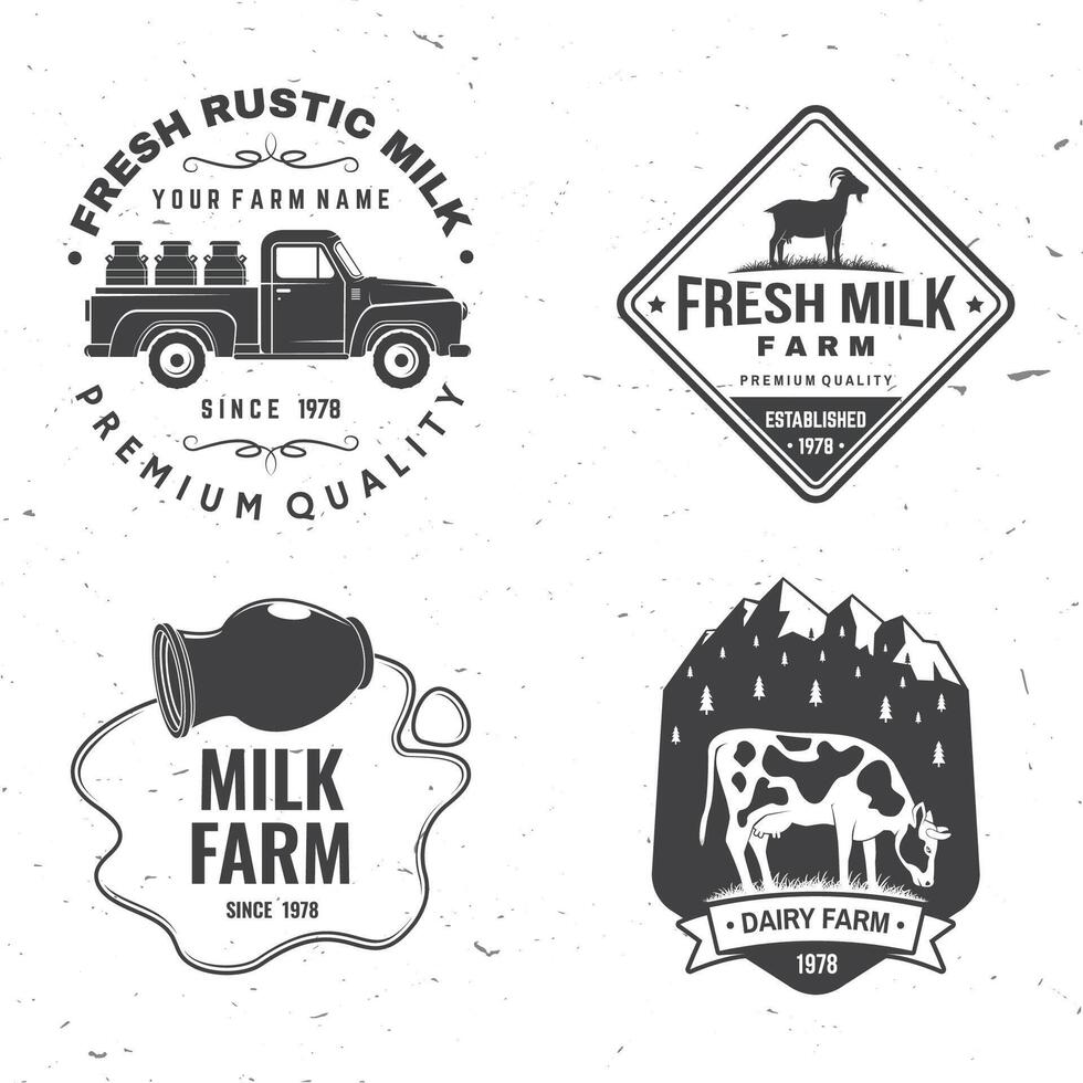 Fresh rustic milk badge, logo. Vector. Typography design with cow, milk farm, truck silhouette. Template for dairy and milk farm business - shop, market, packaging and menu vector