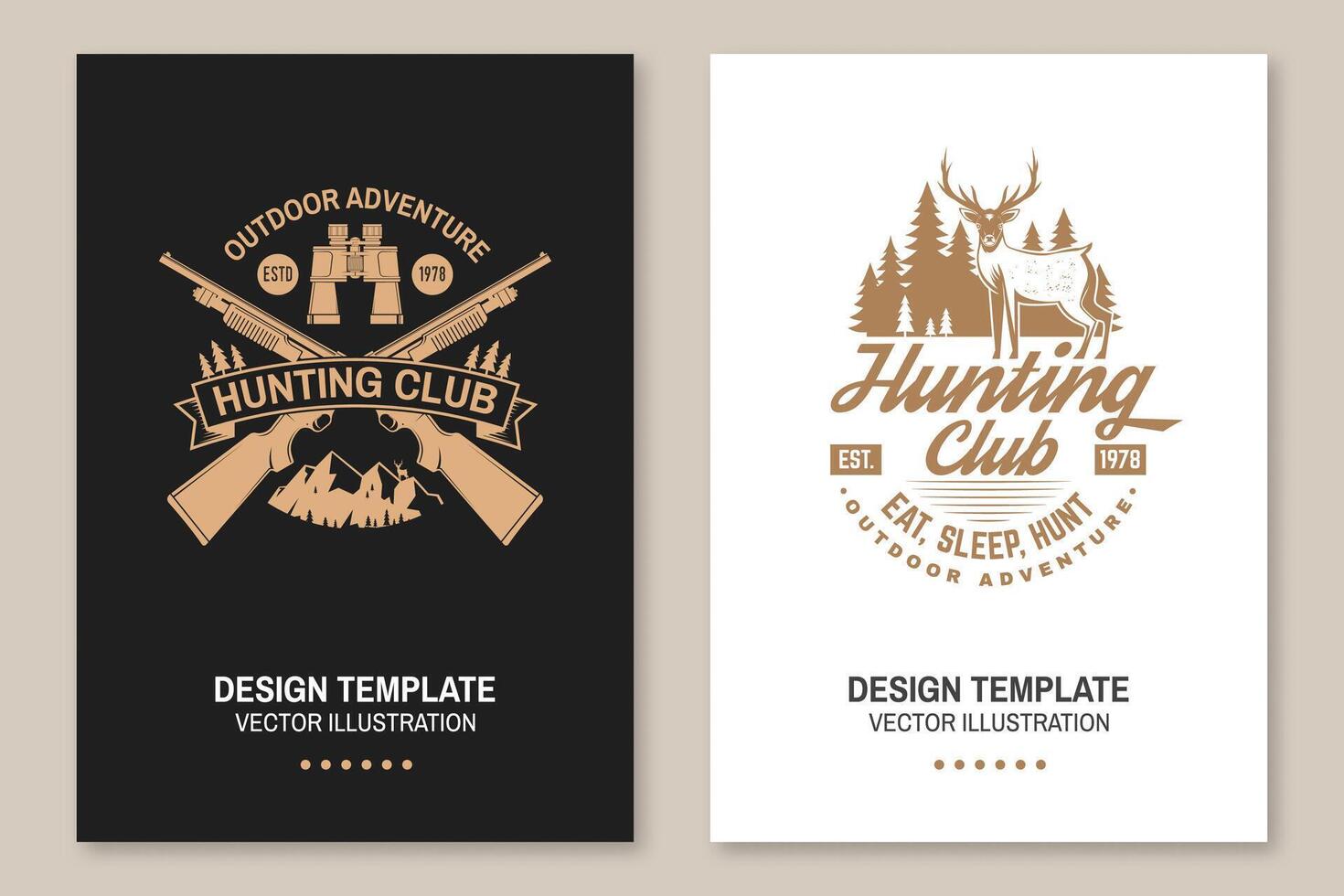 Hunting club. Vector. Eat, sleep, hunt. Vector illustration Flyer, brochure, banner, poster design with hunting gun, binoculars, mountains, deer, forest silhouette. Outdoor adventure hunt club emblem