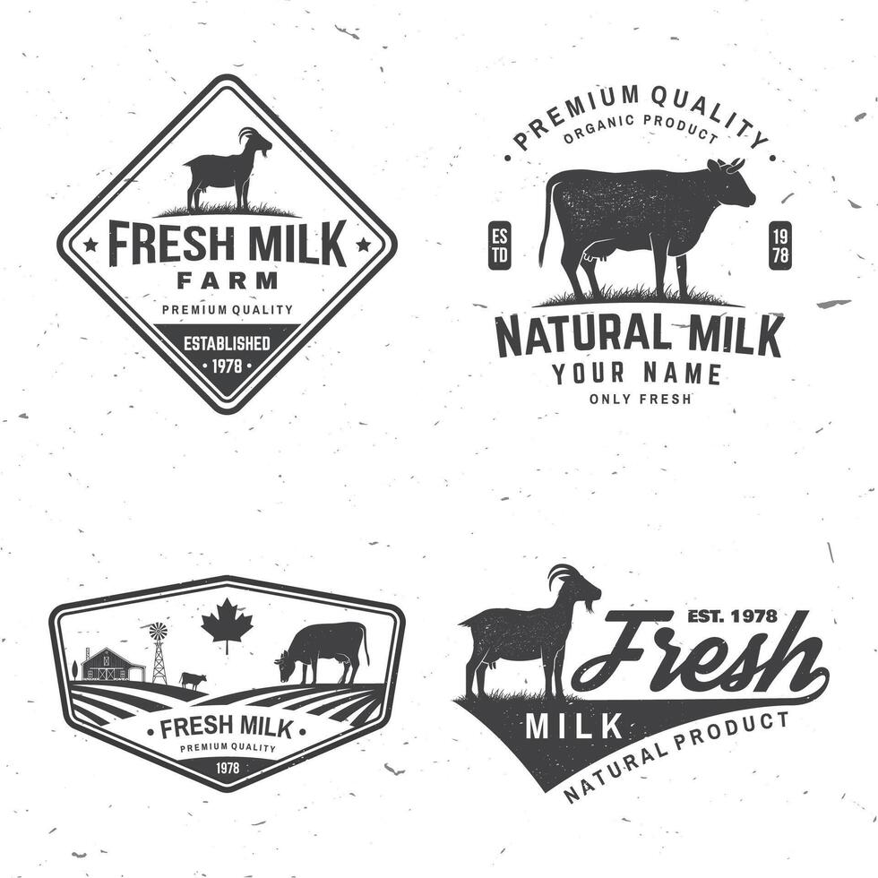 Dairy farm. Only fresh milk badge, logo. Vector. Typography design with cow , goat silhouette. Template for dairy and milk farm business - shop, market, packaging and menu vector