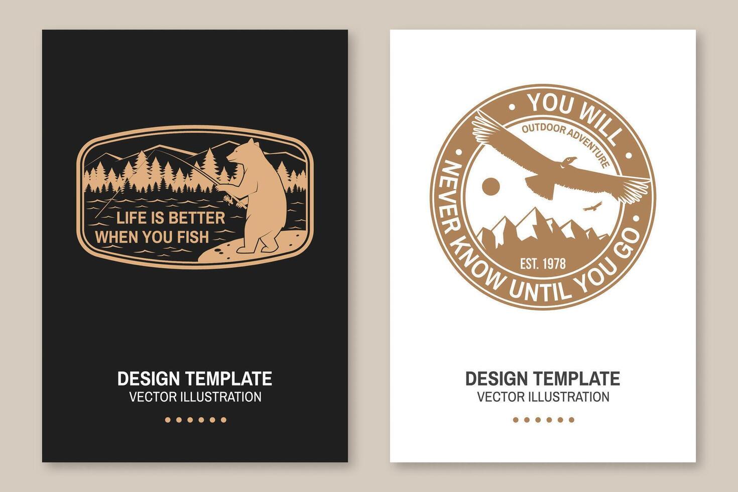 Life is better when you fish. You will never know until you go. Vector. Flyer, brochure, banner, poster design with flying condor, fishing bear, mountains, sky and forest silhouette. vector