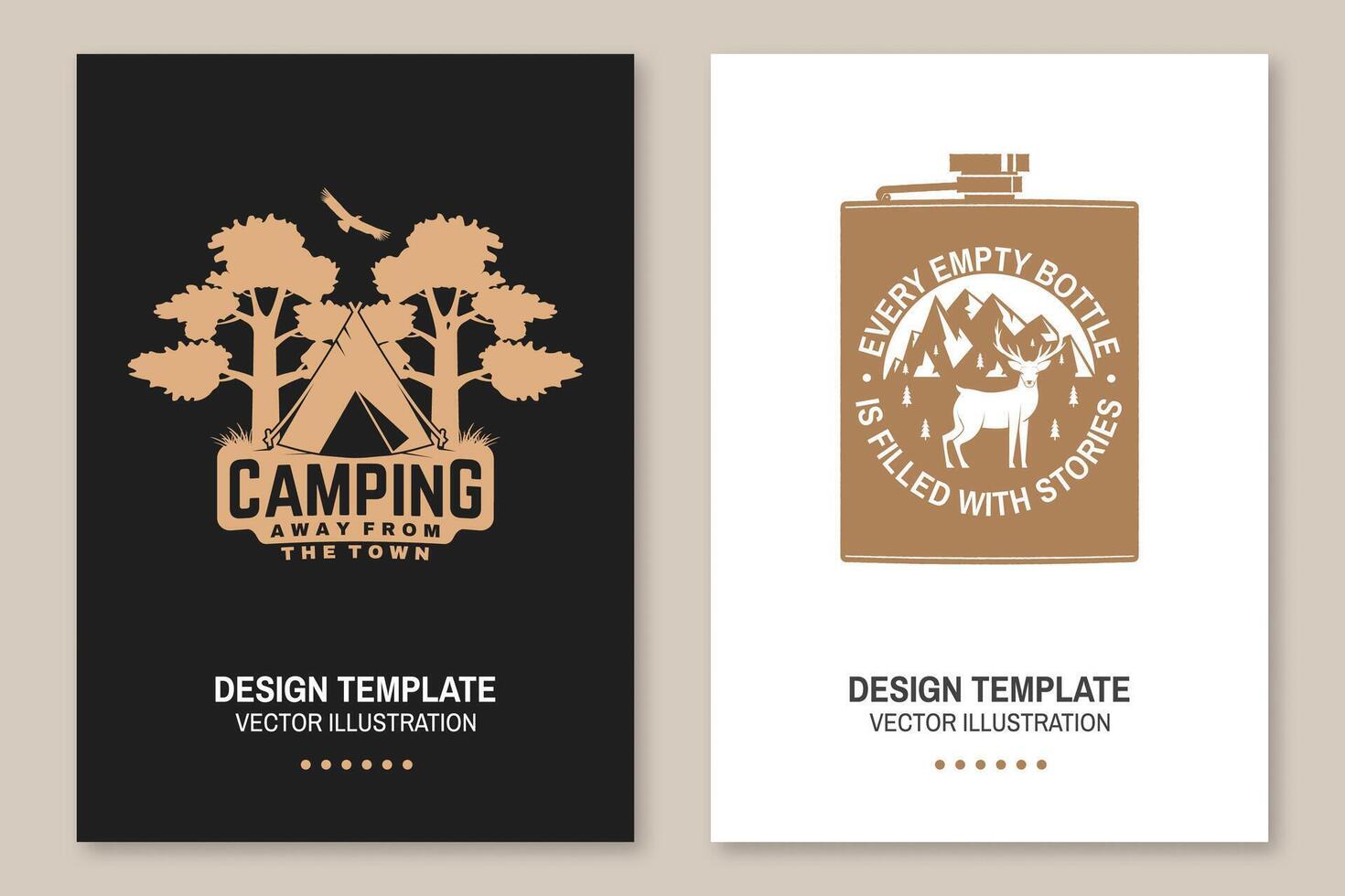 Every empty bottle is filled with stories. Camping. Away from the town. Vector. Flyer, brochure, banner, poster design with metal hip flask, deer and mountains silhouette. vector