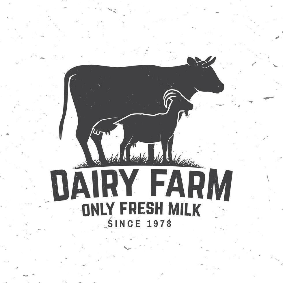 lechería granja. solamente Fresco Leche insignia, logo. vector. tipografía diseño con vaca , cabra silueta. modelo para lechería y Leche granja negocio - comercio, mercado, embalaje y menú vector