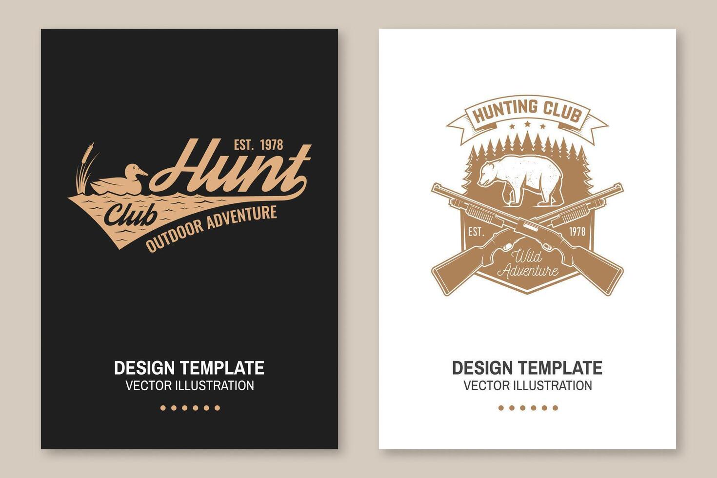 Hunting club. Vector Flyer, brochure, banner, poster design with with duck on a water, hunting gun, bear and forest silhouette. Outdoor adventure hunt club emblem. Wild adventure.