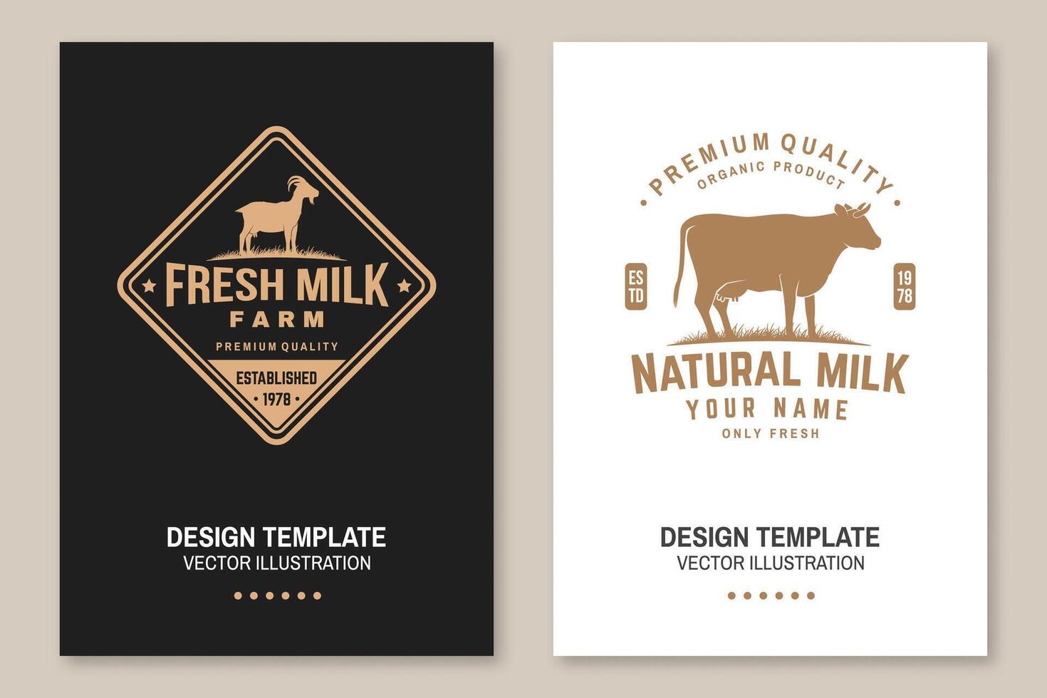 Dairy farm. Only fresh milk. Vector. Flyer, brochure, banner, poster design with cow, goat silhouette. Template for dairy and milk farm business - shop, market, packaging and menu vector