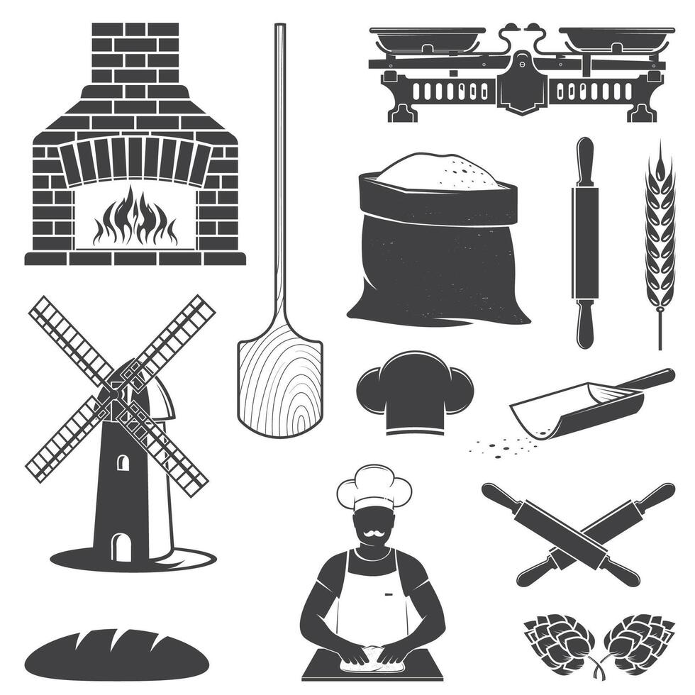 Set of Bakery equipment icon silhouette. Vector. Set include windmill, old oven, wooden bread shovel, dough, hop, baker and balance scale isolated on the white background. vector