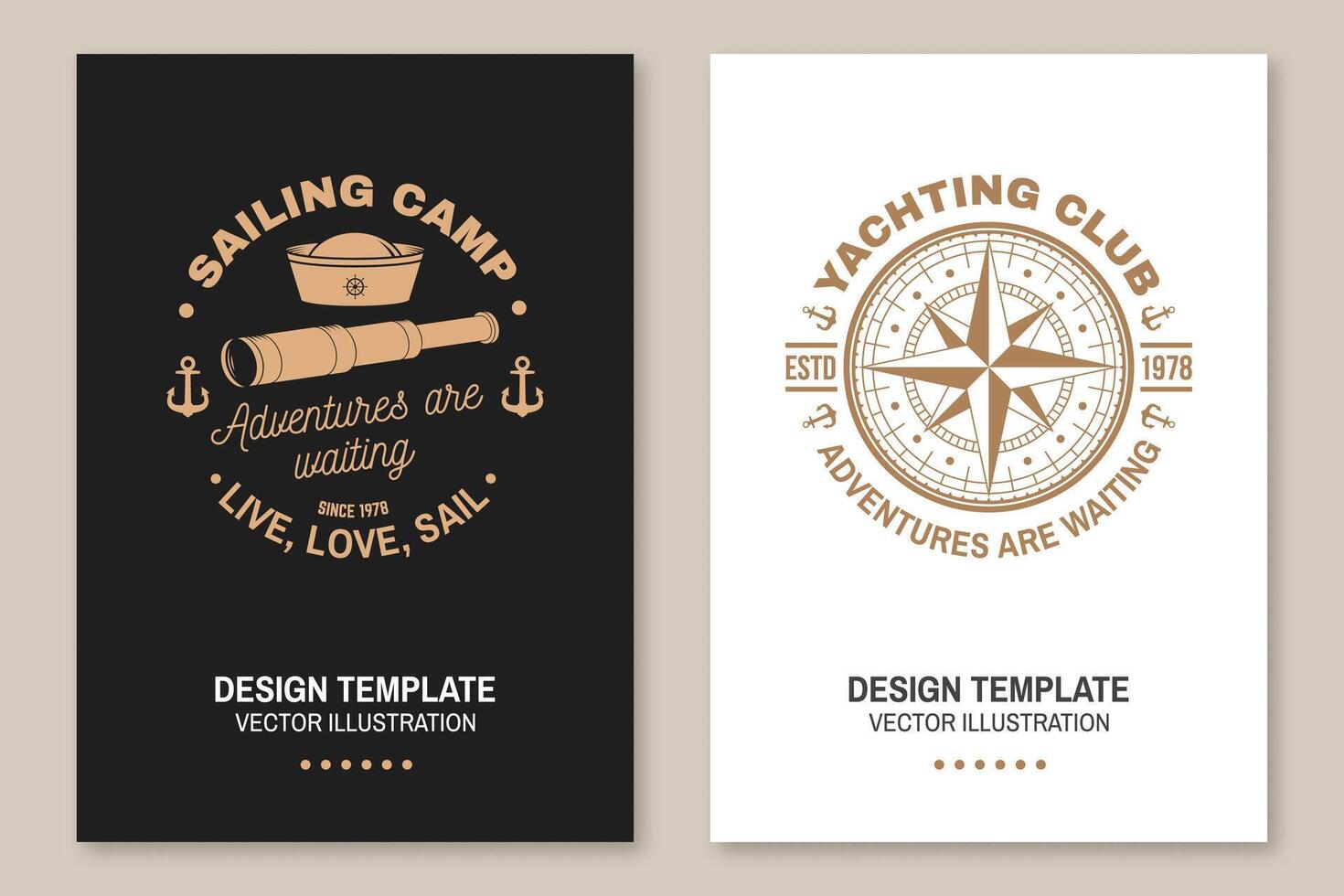 Set of summer sailing camp template. Vector illustration Flyer, brochure, banner, poster design with man in sailboats and steering hand wheel ship silhouette. Ocean adventure sporting activity