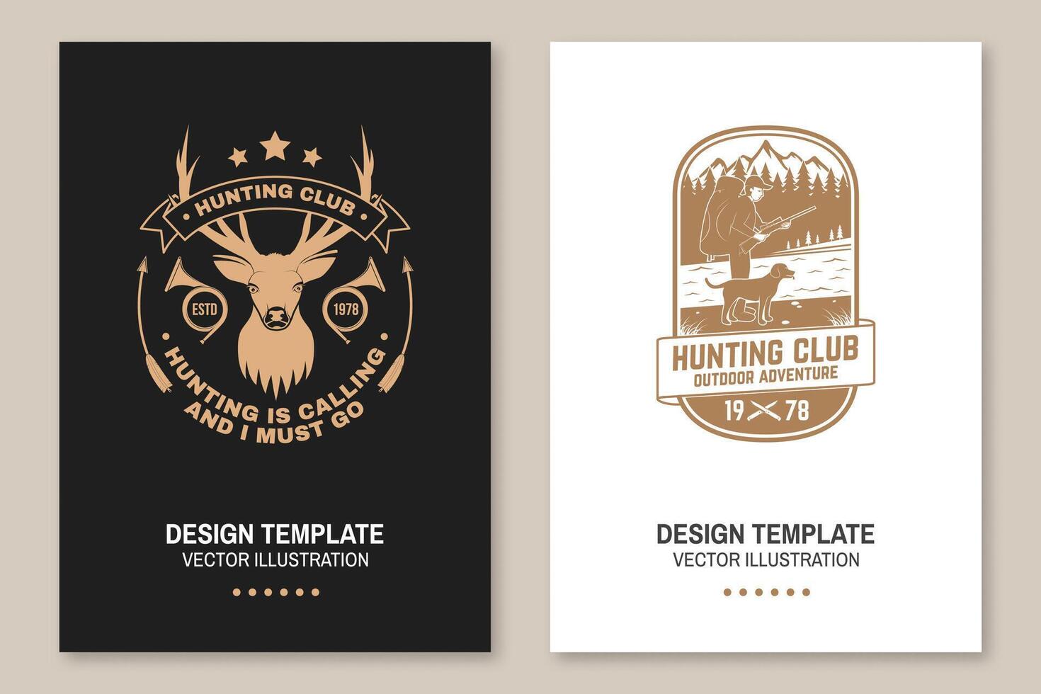 Set of Hunting club badge. Vector. Flyer, brochure, banner, poster design with deer and hunting horn, hunter, dog, hunting gun, mountains and forest. Outdoor adventure hunt club emblem vector