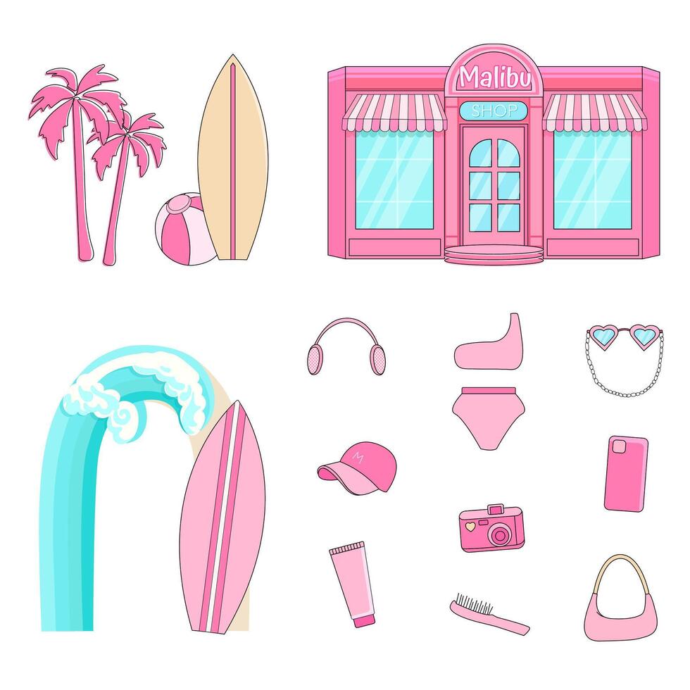 Pink Summer Beach Set, Girl Accessories collection, Malibu Beach Store and Palm tree. Trendy pink set. vector
