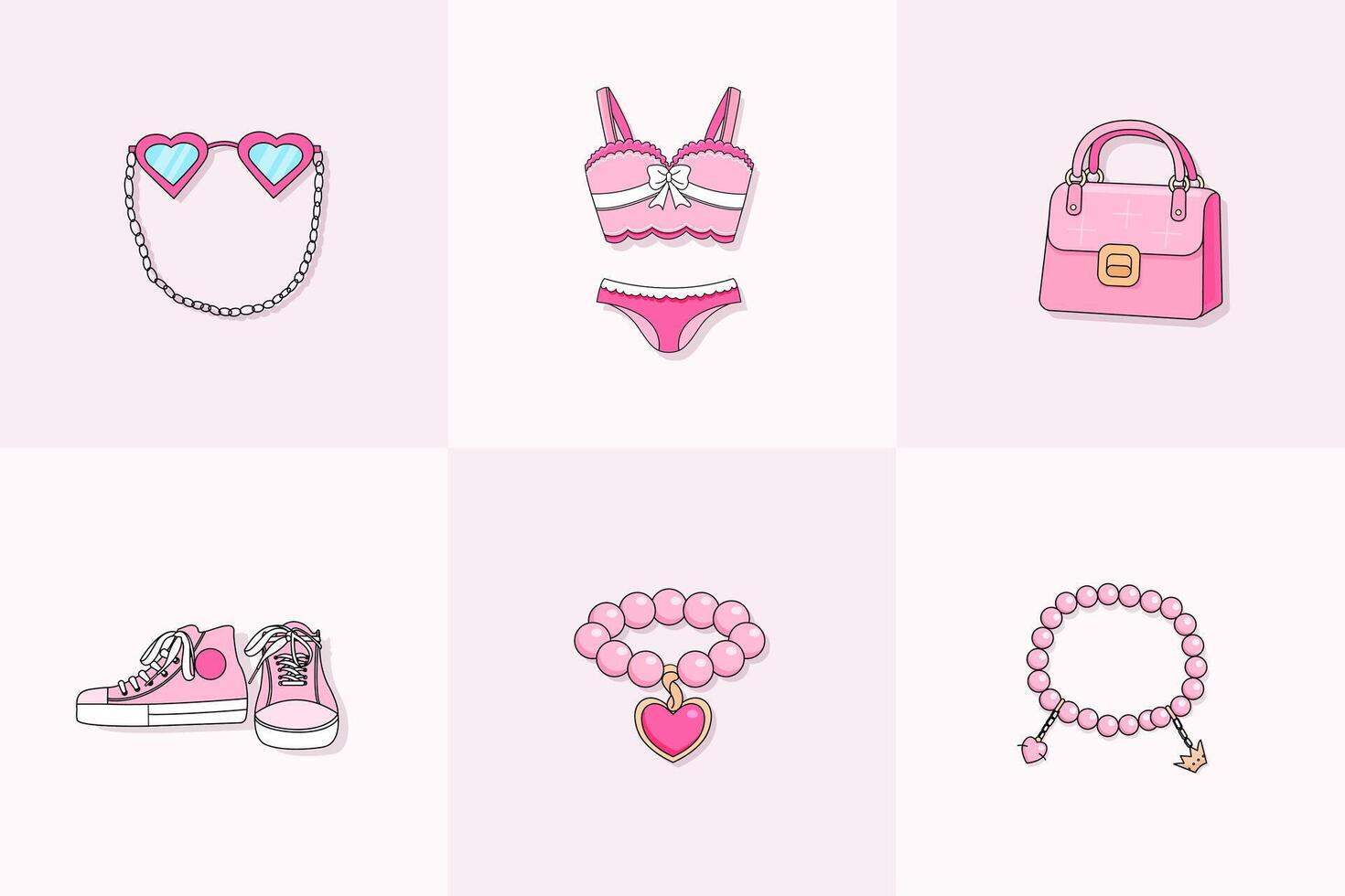 Princess pink accessories. Set of trendy hot pink elements and clothing. Doll fashion world vector