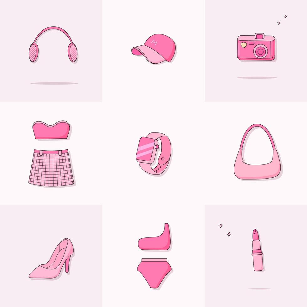 Pink accessories collection girl. Set of hot pink fashion elements and clothing. Vector illustration