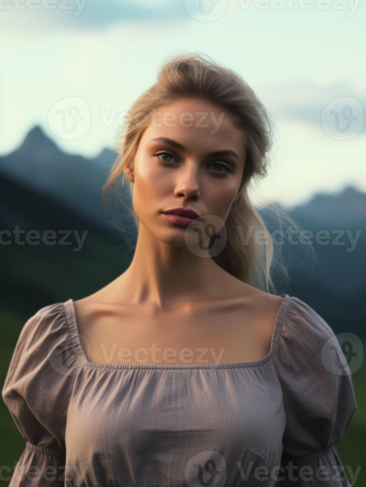 AI generated Woman Standing in Field With Mountain View photo