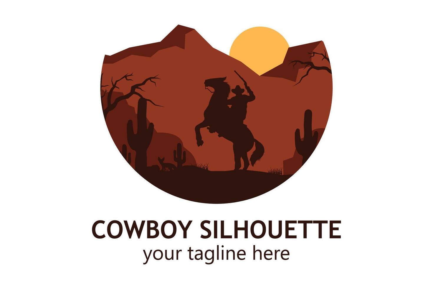 logo landscape silhouette of cowboy riding at horse template simple concept vintage design vector