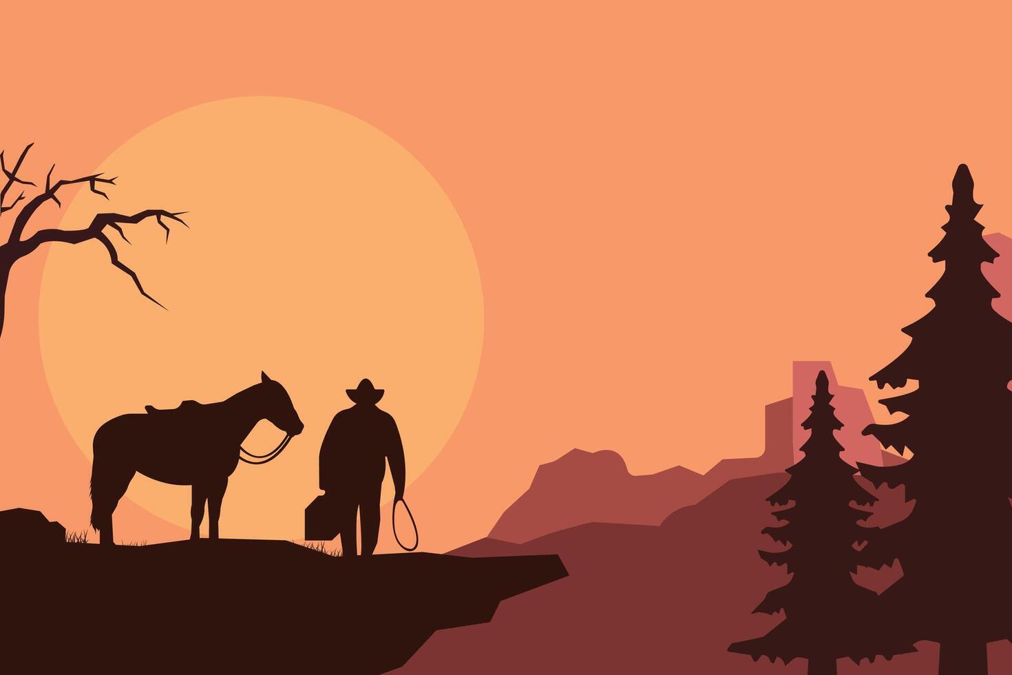 landscape silhouette of cowboy riding at horse background template simple concept vintage design vector