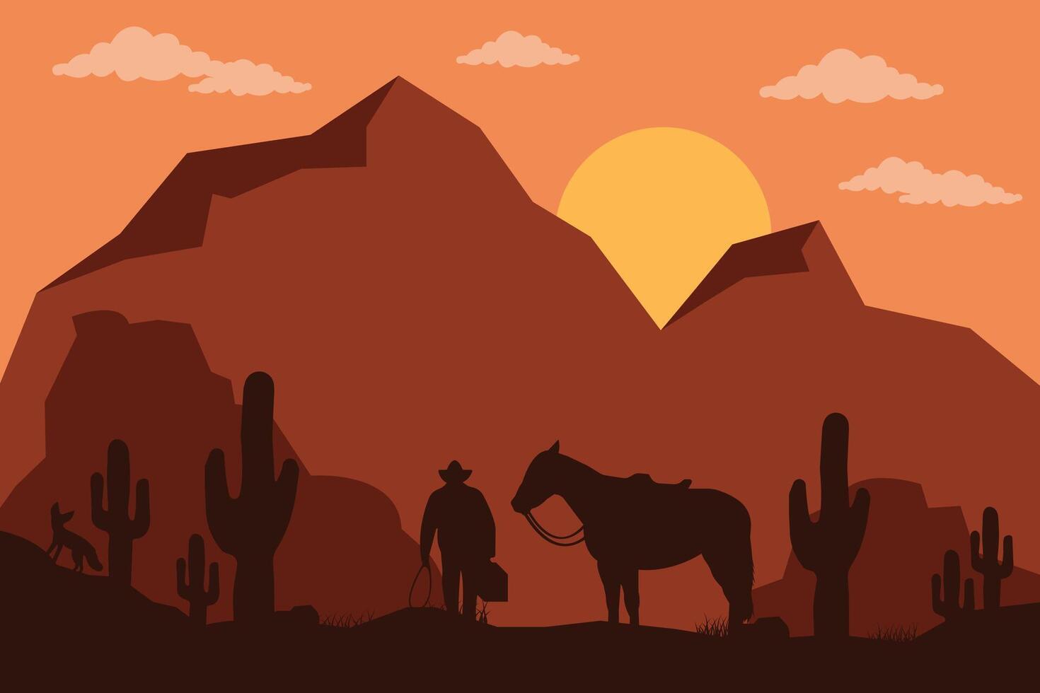 landscape silhouette of cowboy riding at horse background template simple concept vintage design vector
