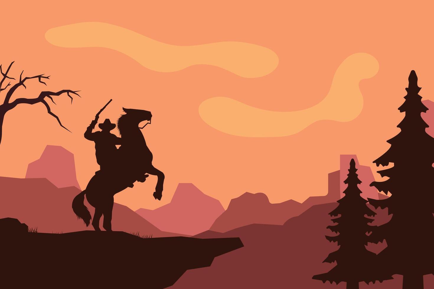 landscape silhouette of cowboy riding at horse background template simple concept vintage design vector