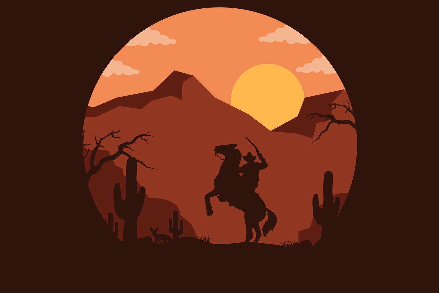 landscape silhouette of cowboy riding at horse background template simple concept vintage design vector