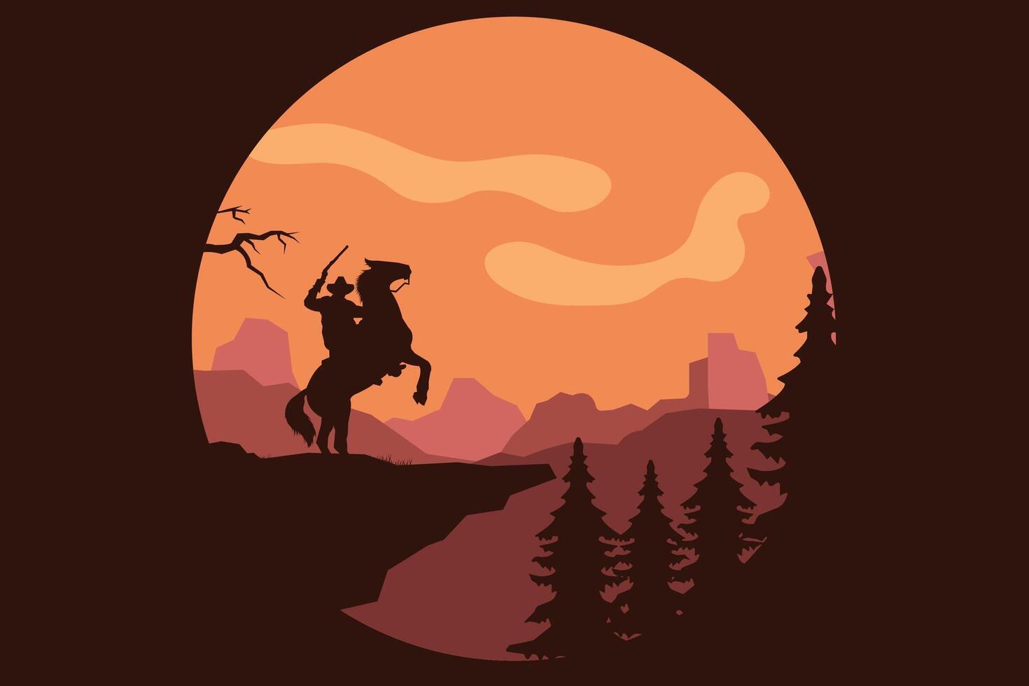 landscape silhouette of cowboy riding at horse background template simple concept vintage design vector