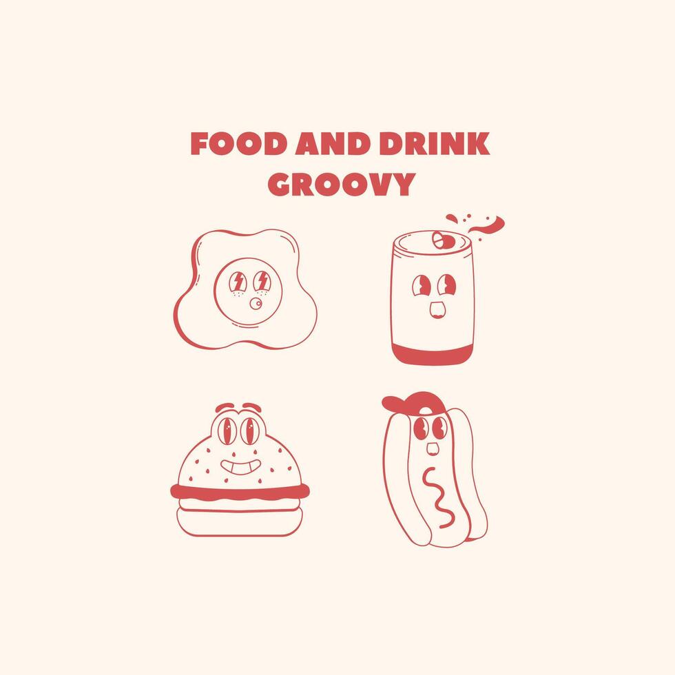 set cartoon retro fast food and drink, stickers groovy comic food vector characters vintage eating background with stickers quotes for menu cafe restaurant